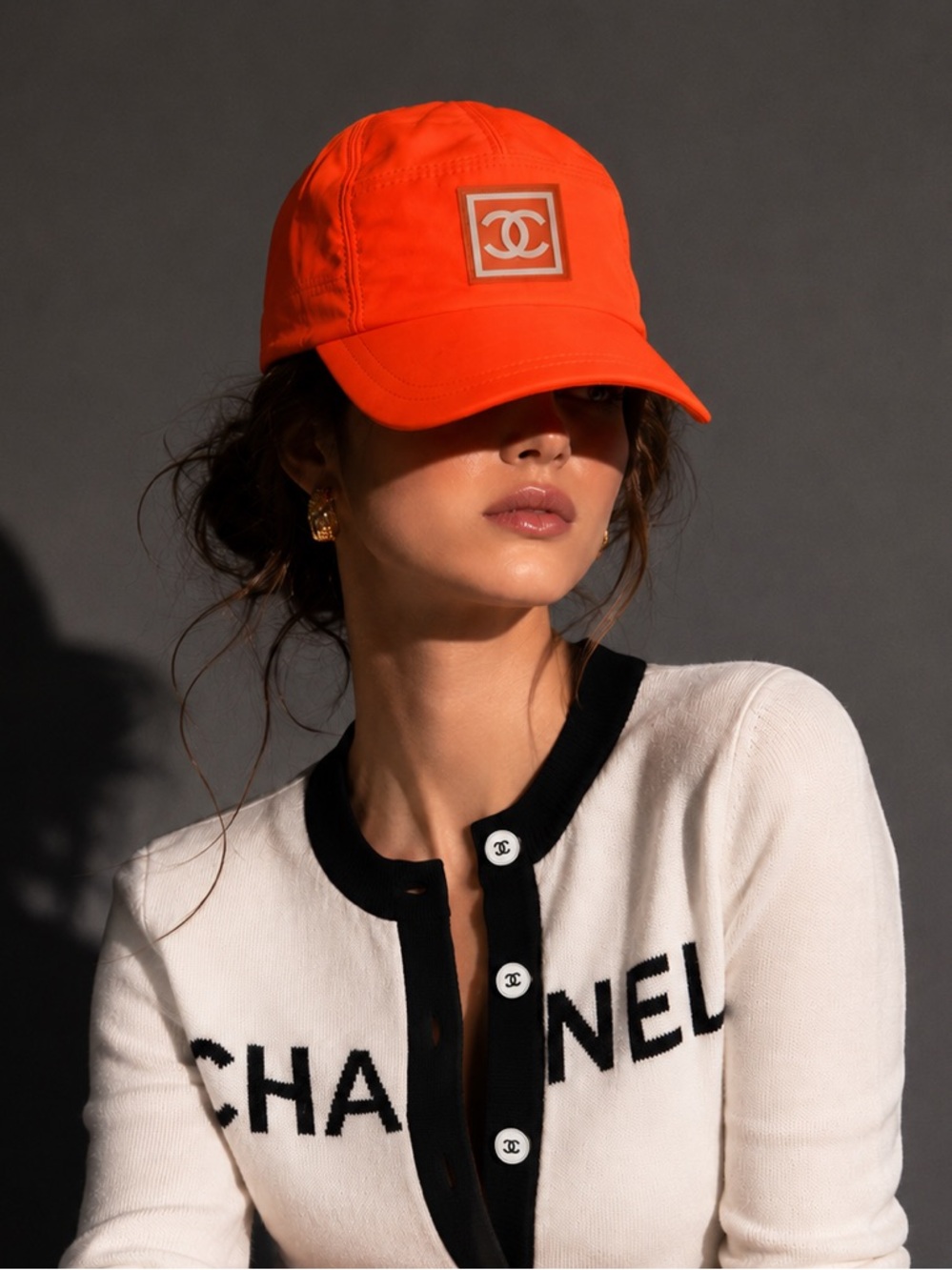 Rare CHANEL CC Logo Sport Neon Orange Nylon 5-Panel Baseball Hat Cap